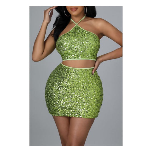 Green “Glitz” Mini Skirt Set