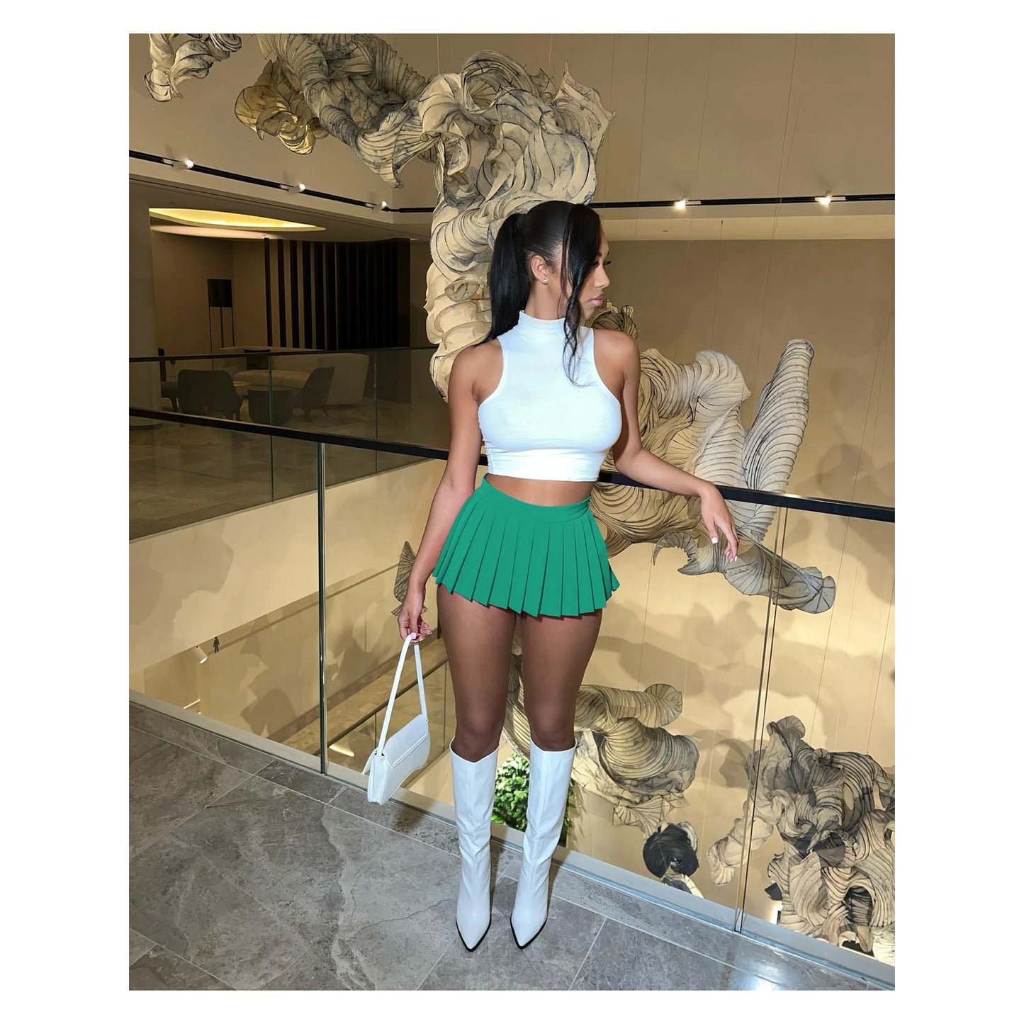Green “Short Pleated” Skirt Set