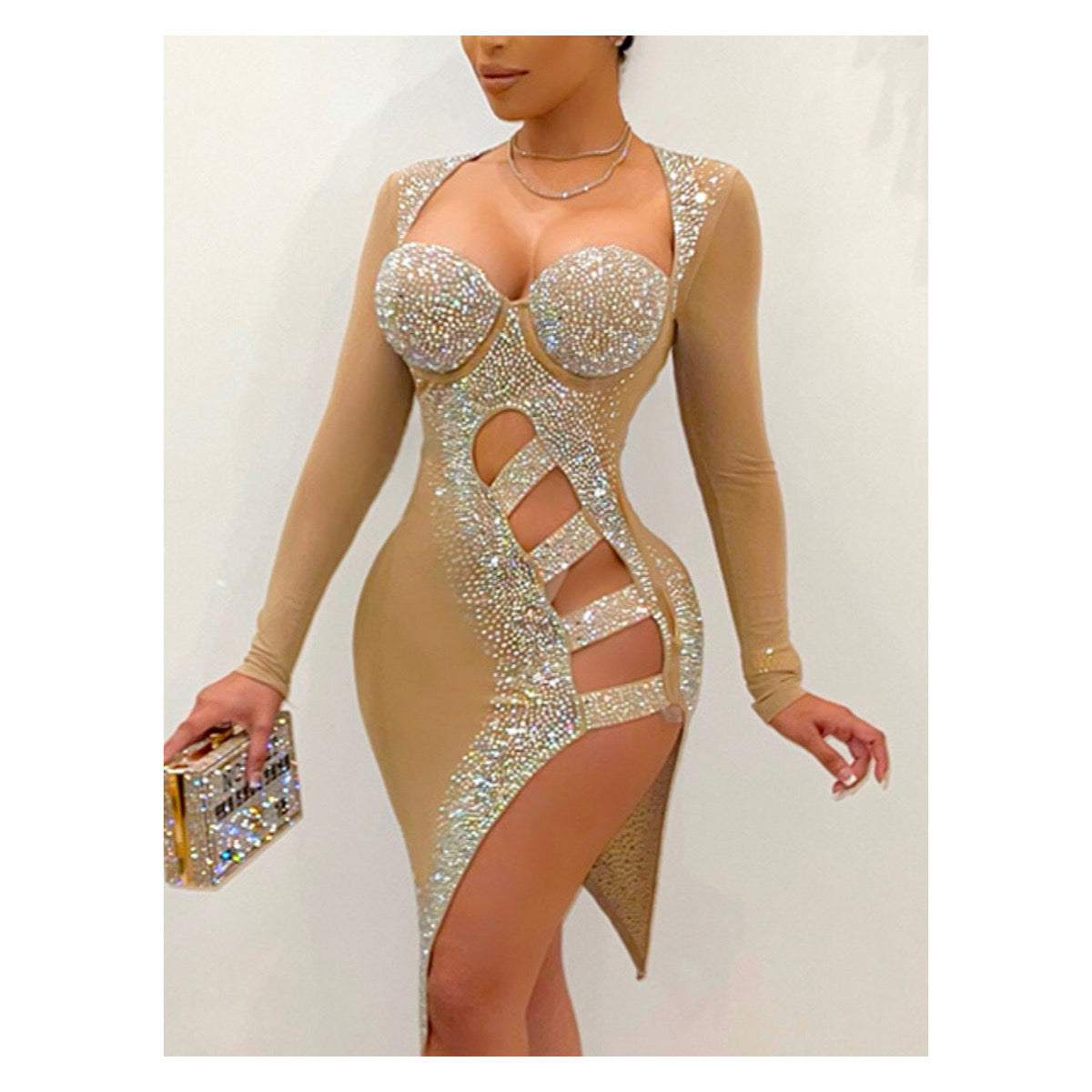 Nude “Cut Out” Rhinestone Bodycon Dress
