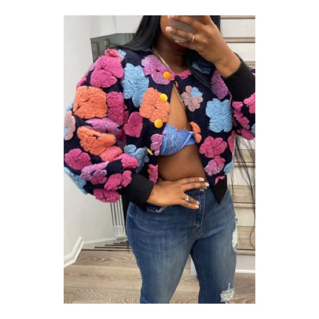 Multi Color Fuzzy Flower Patch “Floral” Jacket