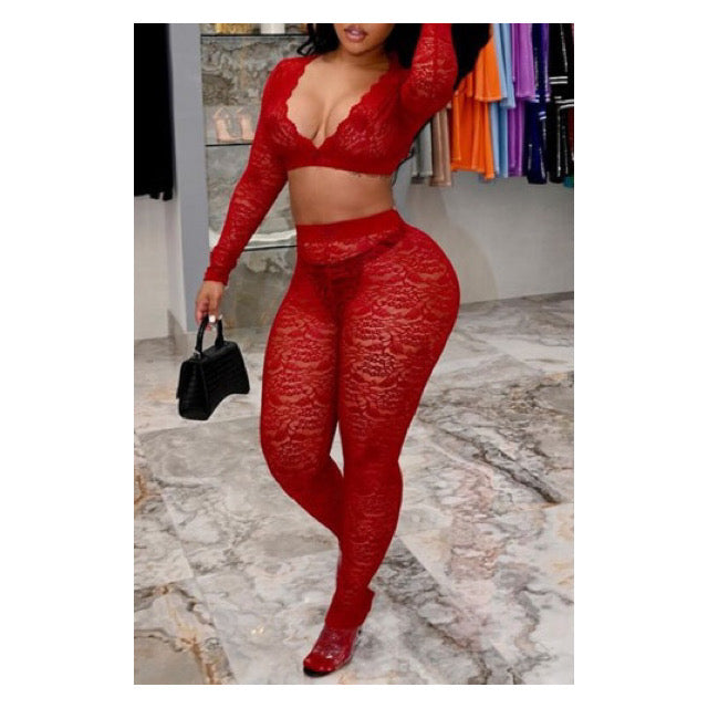 Red “Lace” Crop Top & Leggings Set