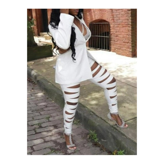 White “Blazer & Cut Out” Pants Set