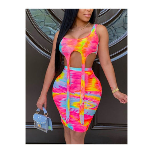 Pink “Tie Dye Long String” Crop Top & Skirt Set