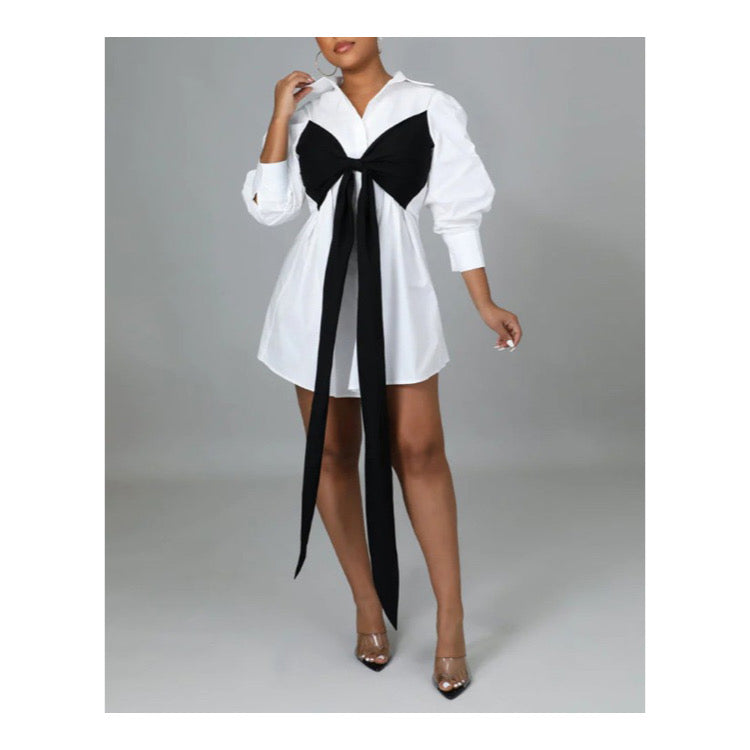 White “Bow Tie Button Up” Shirt Dress