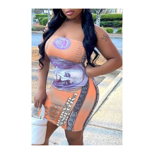 Orange “Money Print” Tube Top Mini Dress