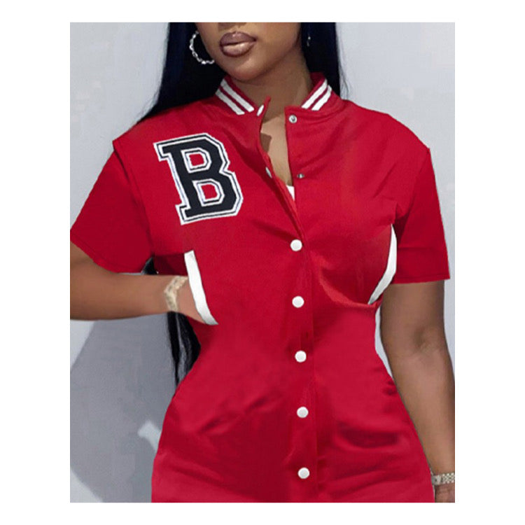 Red “Varsity” Snap Button Up Mini Dress