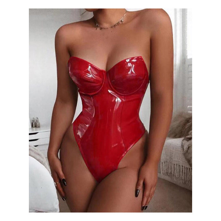 Red Faux Leather “Strapless”  Teddy