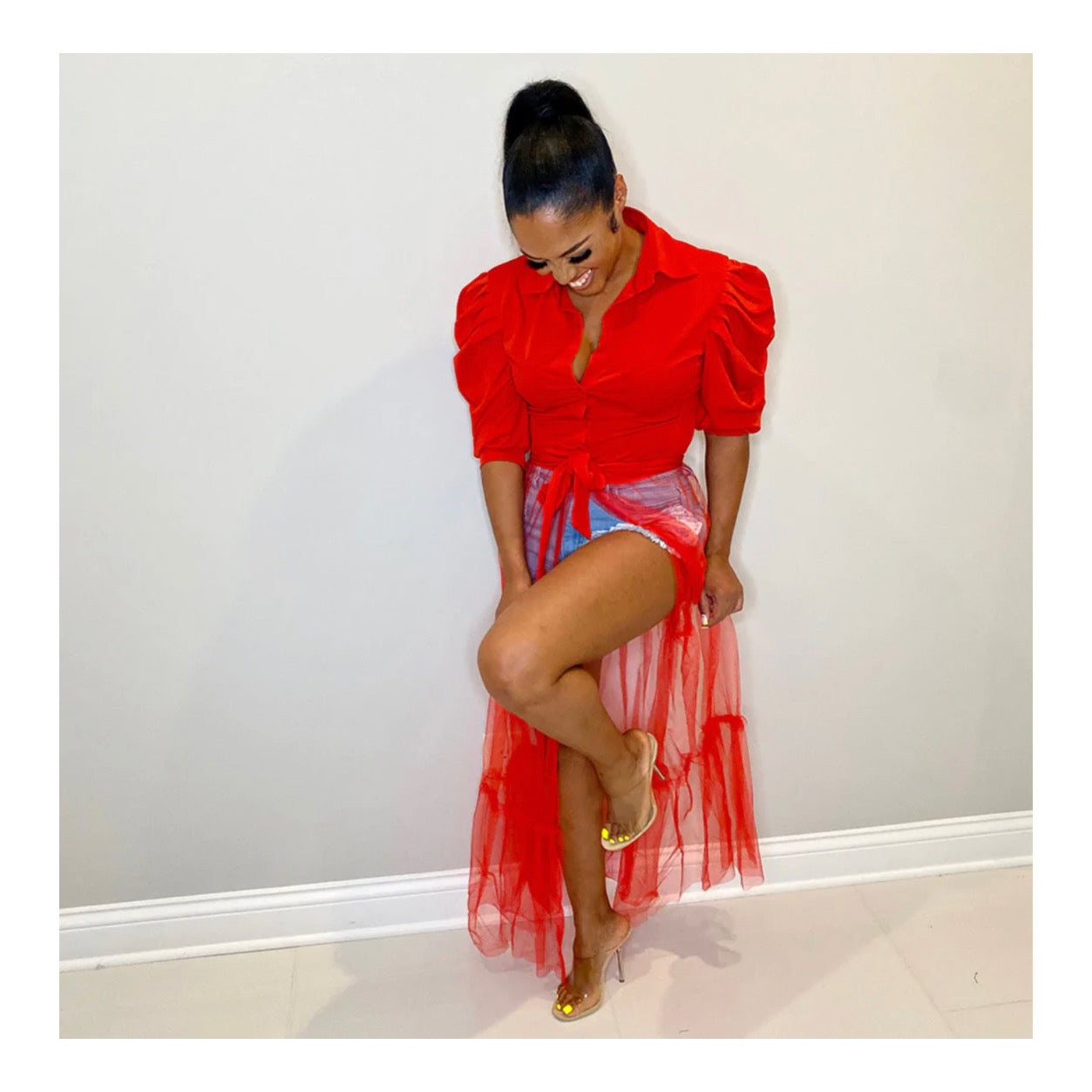 Red “Mesh Bottom” Maxi Dress
