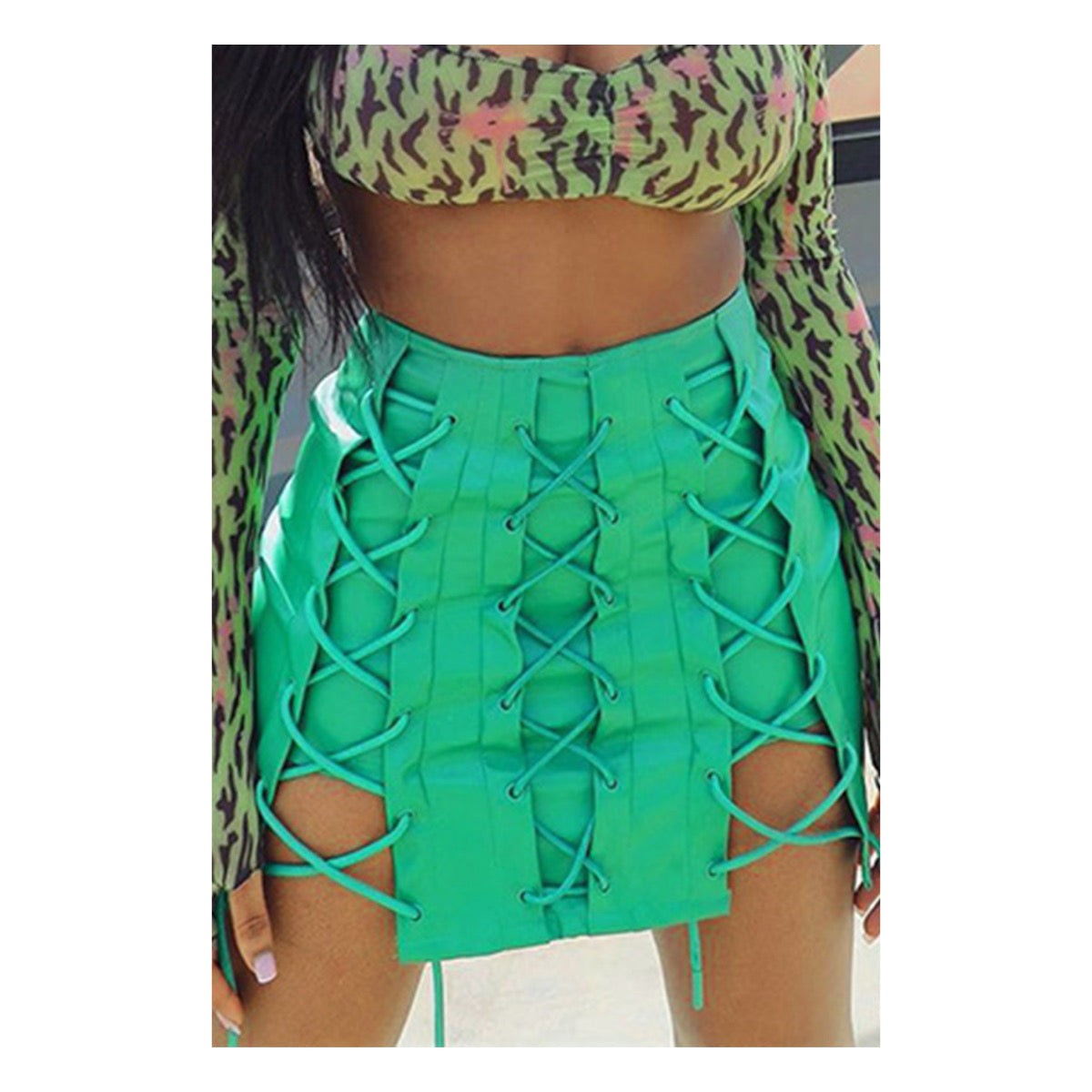 Green “Lace Up” Mini Skirt