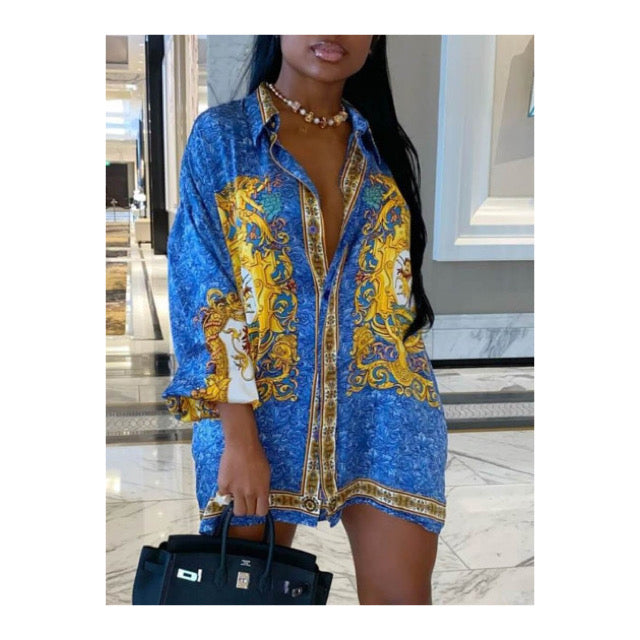 Blue “Lux Print” Button Up Shirt Dress