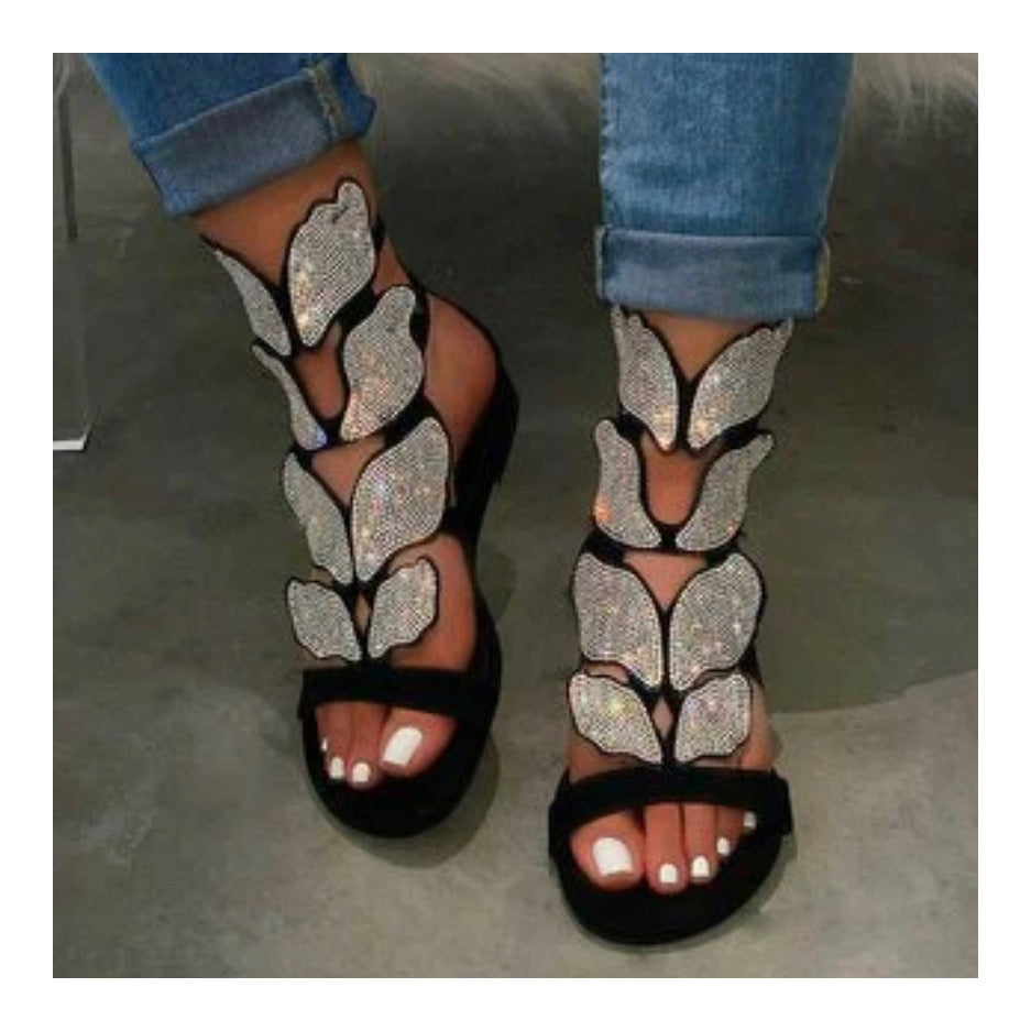 Black “Rhinestone” Butterfly Flat Sandals