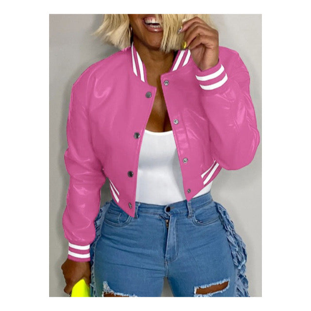Pink Faux Leather “Varsity” Crop Jacket