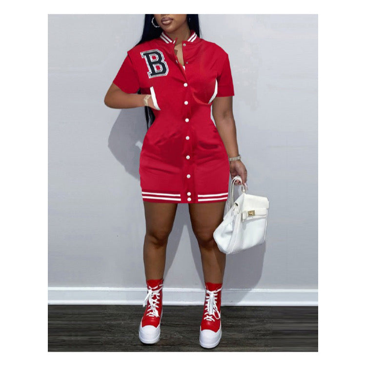 Red “Varsity” Snap Button Up Mini Dress