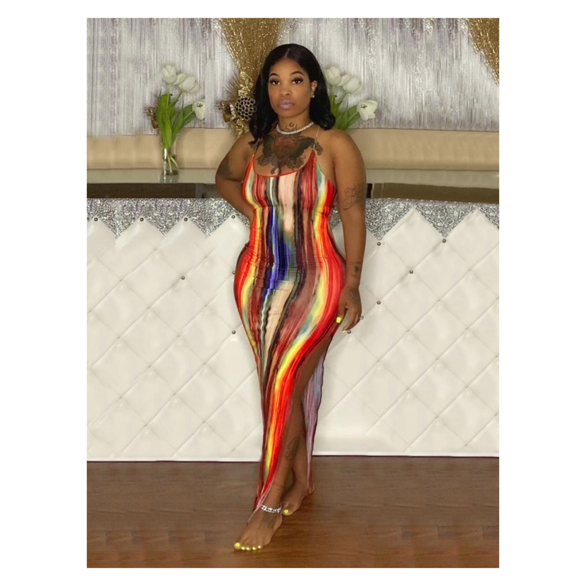 Red “Liquid” Stripe Maxi Dress