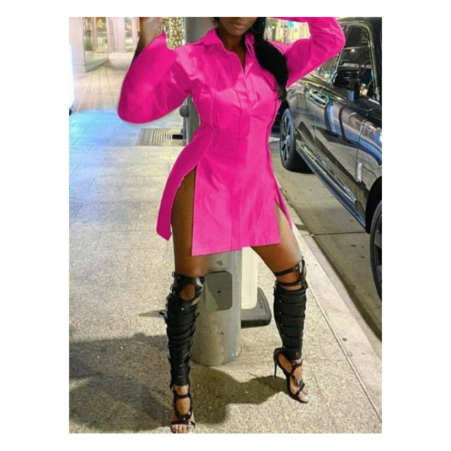 Pink “Double Slit” Button Shirt Mini Dress