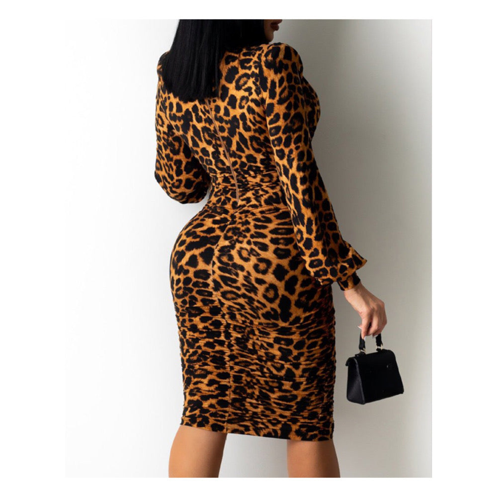 V Neck Leopard Print Midi Dress