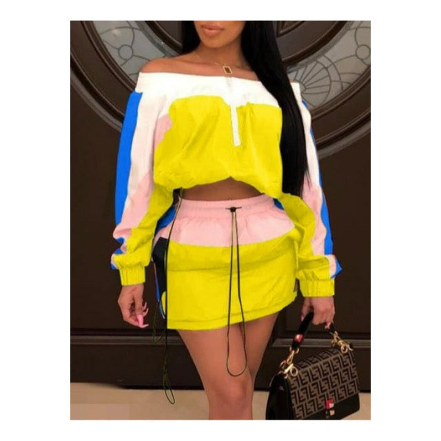 Yellow “Off the Shoulder” Windbreaker Skirt Set
