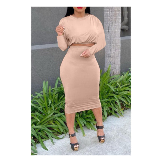 Khaki “Lax” Long Sleeve Crop Top Skirt Set